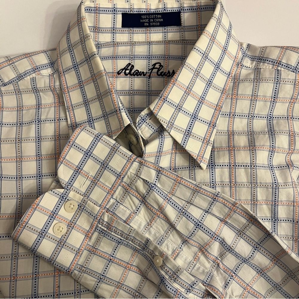 Alan Flussen Mens L Cotton White Royal Blue Orange Long Sleeves Buttondown Shirt
